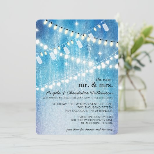 Romantic String Lights Post Wedding Invitation Kaart (Staand voorkant)