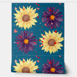 Romantic Sunflower Heart Teal Textured Behang