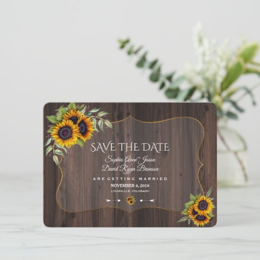 Romantic Sunflower Wood Weddenschap redt datum Save The Date (Staand voorkant)