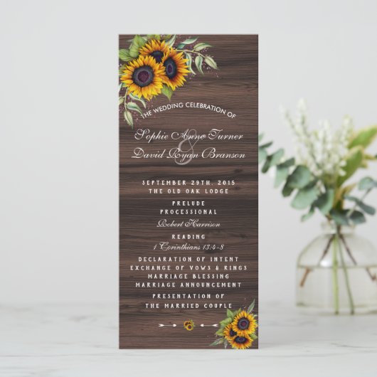 Romantic Sunflower Wood Wedding Programme Programmakaart (Staand voorkant)