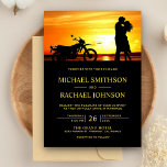 Romantic Sunset Couple Silhouette Wedding Kaart<br><div class="desc">Nodig uw gasten uit met deze elegante trouwuitnodiging met een romantisch koppel en een motorsilhouet tegen een prachtige zonsondergang. Voeg eenvoudig uw gebeurtenisdetails op deze makkelijk te gebruiken sjabloon toe om het één-van-een-soort uitnodiging te maken. Draai de kaart om een schattig zwart-geel stip patroon op de achterkant van de kaart...</div>