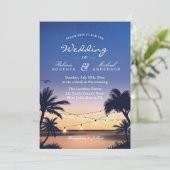 Romantic Sunset Palm Beach String Lights Wedding Kaart (Staand voorkant)