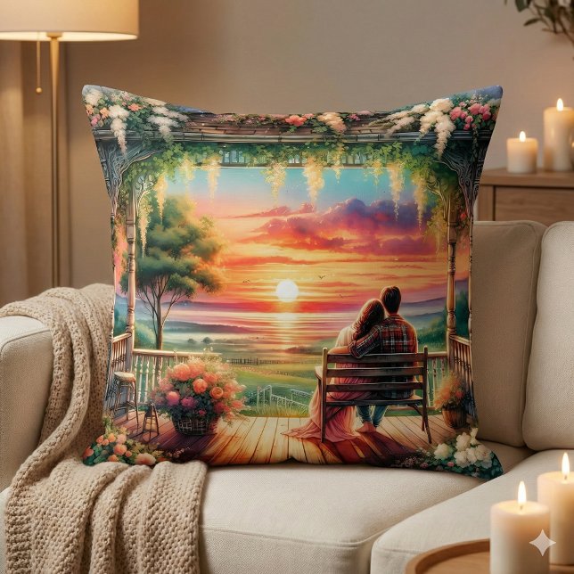 Romantic Sunset Porch View Illustration Kussen (Romantic Sunset Porch View Illustration Throw Pillow Mockup A)