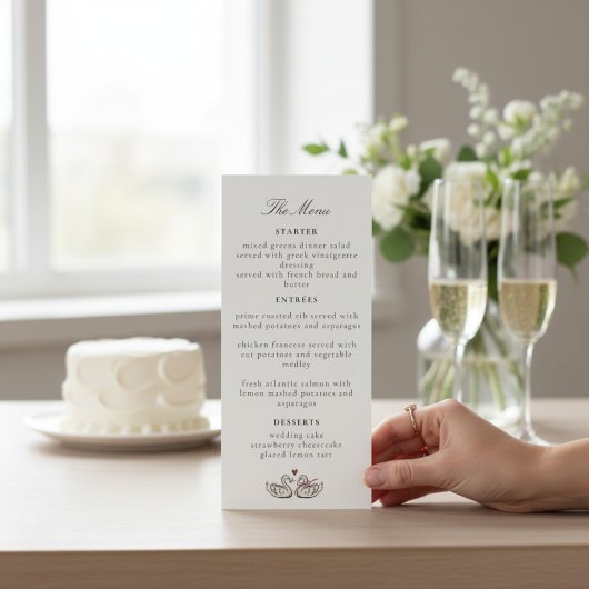 Romantic Swan Heart Calligraphy Menu Card Design