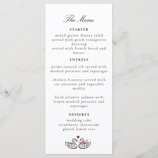 Romantic Swan Heart Calligraphy Menu Card Design (Voorkant)