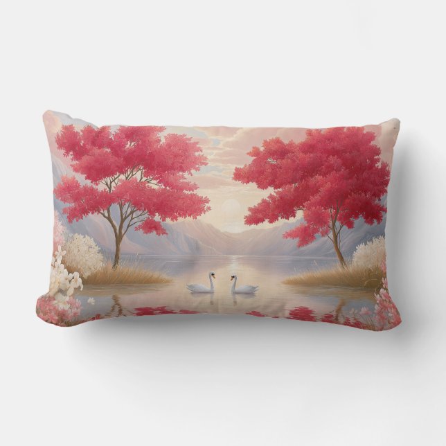 Romantic Swan Lake Pink Blossom Trees Elegant Kussen (Voorkant)
