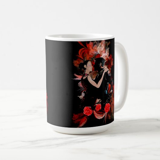 Romantic tango dansers op rode fractal koffiemok (Voorkant rechts)