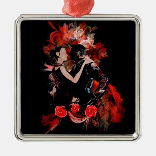 Romantic tango dansers op rode fractal metalen ornament (Voorkant)