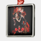 Romantic tango dansers op rode fractal metalen ornament (Links)