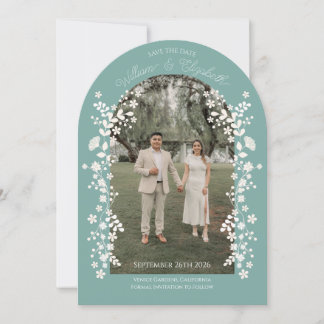 Romantic Teal Eucalyptus Floral Arch Save the Date Kaart