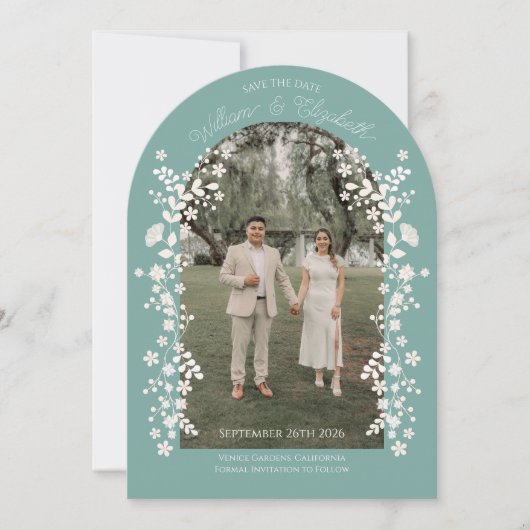 Romantic Teal Eucalyptus Floral Arch Save the Date Kaart (Voorkant)