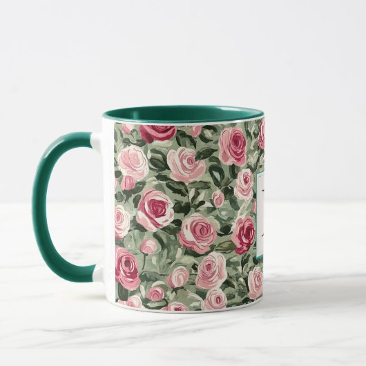 Romantic Teal Green Pink Roses Floral Monogram Mok (Links)