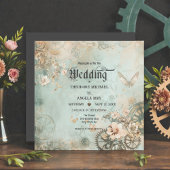 Romantic Teal Steampunk Gears Wedding Invitation Kaart