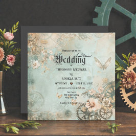 Romantic Teal Steampunk Gears Wedding Invitation Kaart