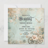 Romantic Teal Steampunk Gears Wedding Invitation Kaart (Voorkant)