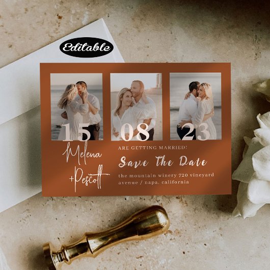 Romantic Terracotta Photo Collage Save the Date Kaart
