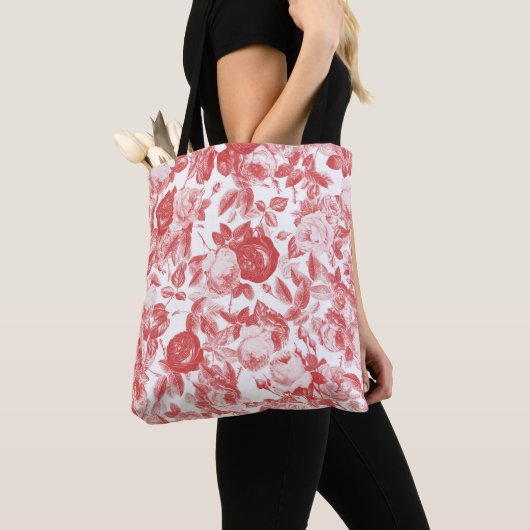 Romantic Toile Red Roses Floral Pattern on White Tote Bag (Dichtbij)