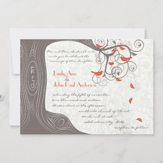 Romantic Tree Coral Love Bird Wedding Invitations Kaart (Voorkant)