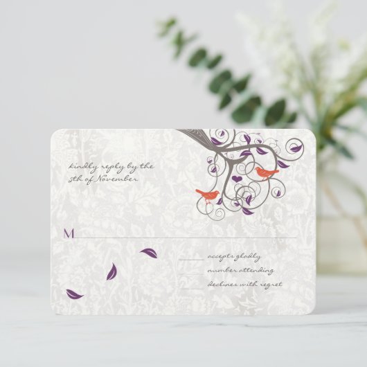 Romantic Tree Swirl Lovebird Wedding RSVP (Staand voorkant)