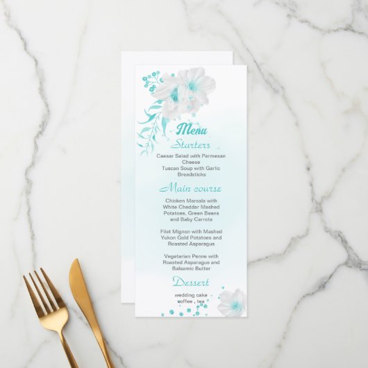 Romantic turquoise white floral bruiloft menu (Voorkant / Achterkant in situ)