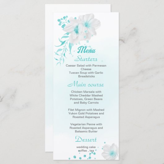 Romantic turquoise white floral bruiloft menu (Voorkant / Achterkant)