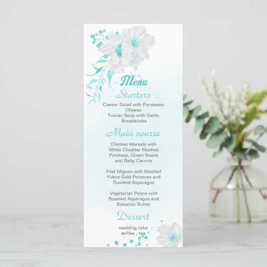 Romantic turquoise white floral bruiloft menu (Staand voorkant)