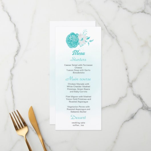 Romantic turquoise white floral bruiloft menu (Voorkant / Achterkant in situ)