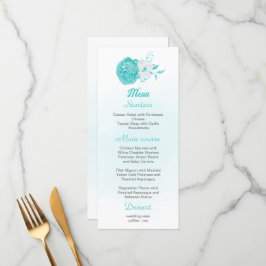 Romantic turquoise white floral bruiloft menu