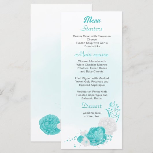 Romantic turquoise witte florale bruiloft menu (Voorkant / Achterkant)
