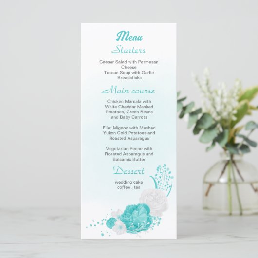 Romantic turquoise witte florale bruiloft menu (Staand voorkant)
