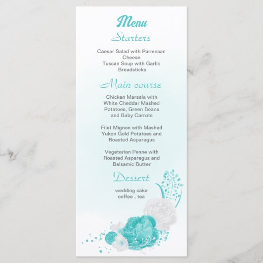 Romantic turquoise witte florale bruiloft menu (Voorkant)