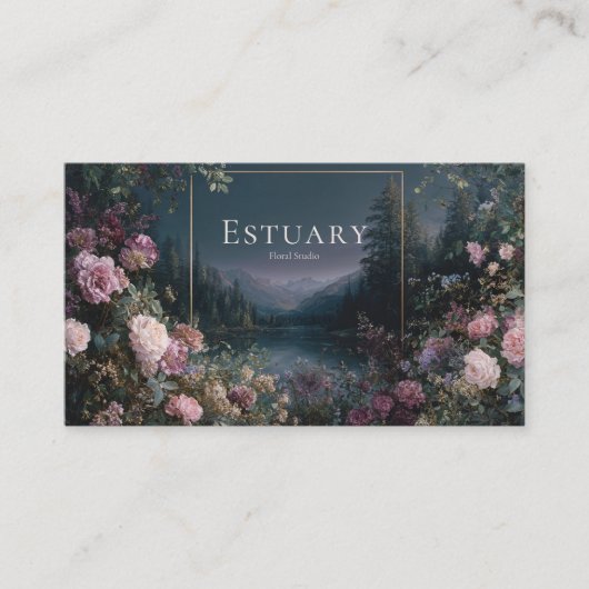 Romantic Twilight Floral and Starry Mountain Lake  Visitekaartje (Voorkant)