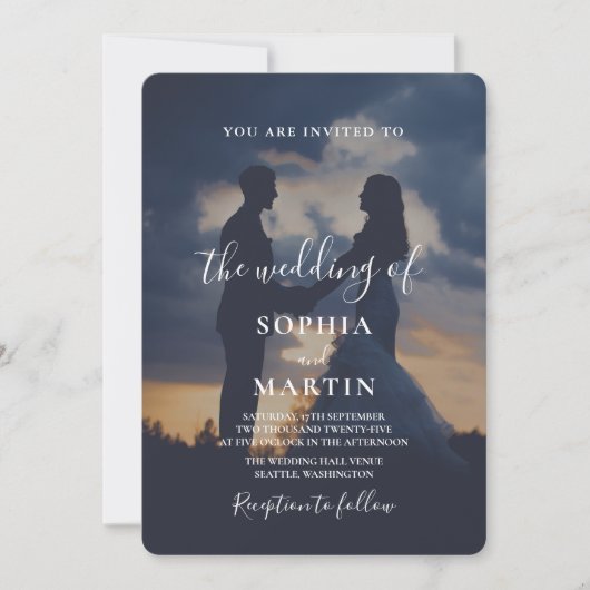 Romantic Twilight Silhouette Photo Script Wedding  Kaart (Voorkant)