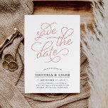 Romantic-verzoek | Typografie Save the Date Kaart<br><div class="desc">Eenvoudig en elegant, onze Romantische bruiloft van het Verzoek sparen de datumkaarteigenschappen "sparen de datum"in koraalroze manuscripttypografie met een chique hart dat in het ontwerp wordt gewerkt. Voeg je trouwgegevens toe, inclusief namen, trouwdatum, locatie en website, in stoffige grijze blauwe letters. Kaarten omkeren naar moderne horizontale strepen in gedempte marine...</div>