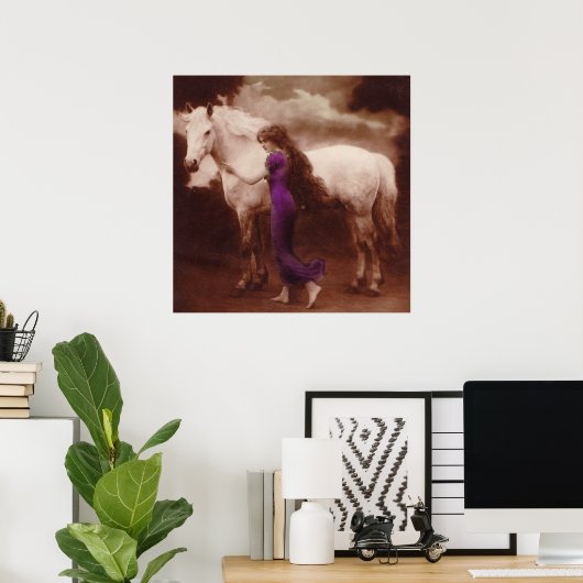 Romantic Victoriaans meisje met White Stallion Hor Poster (Thuiskantoor)
