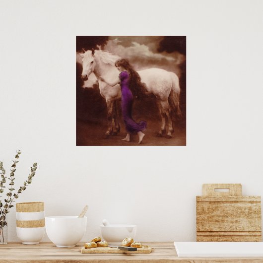 Romantic Victoriaans meisje met White Stallion Hor Poster (Keuken)