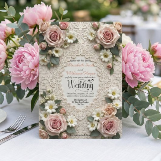 Romantic Vintage Garden Rose & Daisy Wedding Kaart