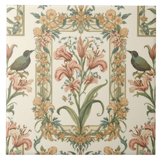 Romantic Vintage Lily Bird Art Nouveau Botanical Tegeltje (Voorkant)