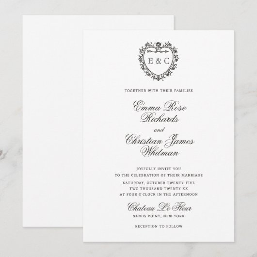 Romantic Vintage Monogram Crest Wedding Kaart (Voorkant / Achterkant)