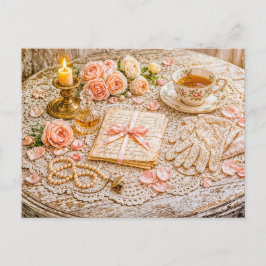 Romantic Vintage Still Life with Tea, Roses and Le Briefkaart