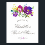 Romantic Violet Floral Vrijgezellenfeest Sign Poster<br><div class="desc">Eet de bruid-to-be met dit prachtige welkome poster met violette en paarse waterverf floralen.</div>