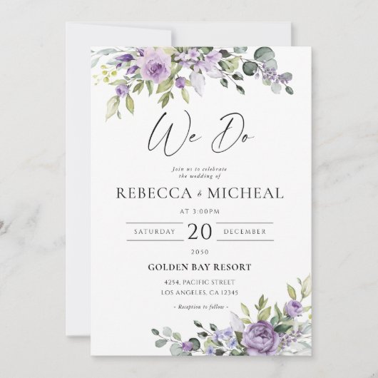 Romantic Violet Flowers Wedding Invitation Kaart (Voorkant)