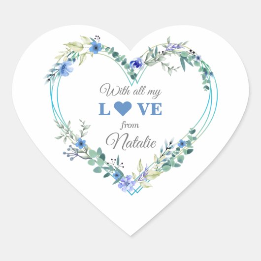 Romantic Vrijgezellenfeest Blue Floral Waterverf Hart Sticker (Voorkant)