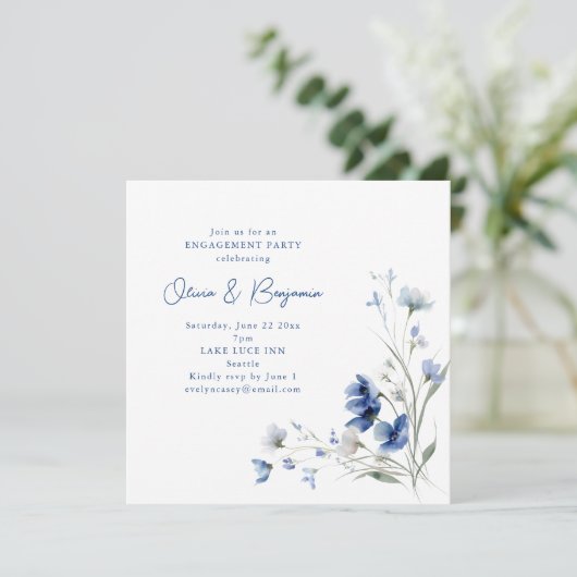Romantic Watercolor Blue Floral Engagement Party Kaart (Staand voorkant)
