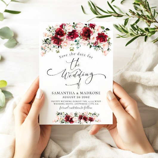 Romantic Watercolor Burgundy Blush Roses Wedding Save The Date