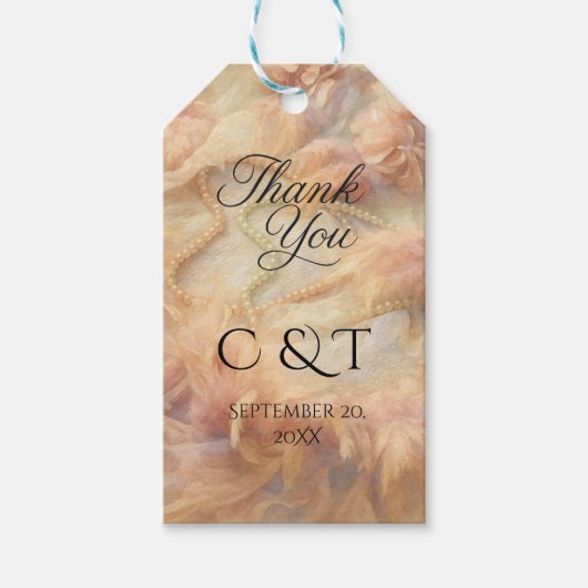 Romantic Watercolor Floral Pearls Feathers Wedding Cadeaulabel (Voorkant)