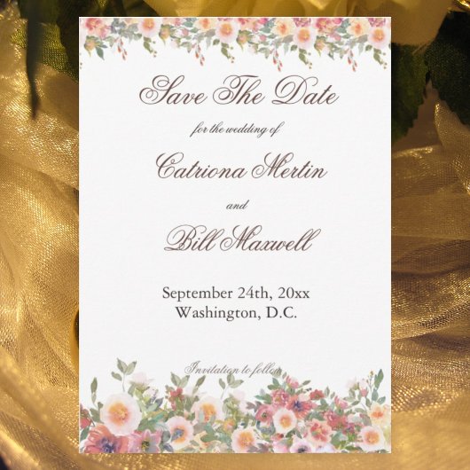 Romantic Watercolor Floral Save the Date Card Kaart