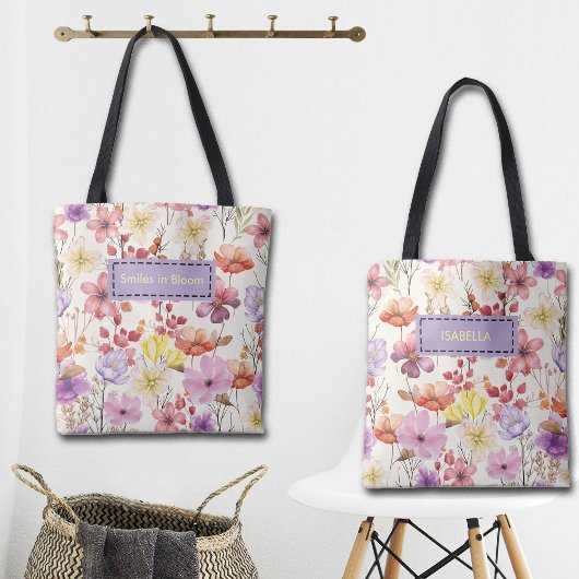Romantic Watercolor Florals Custom Name & Quote Tote Bag
