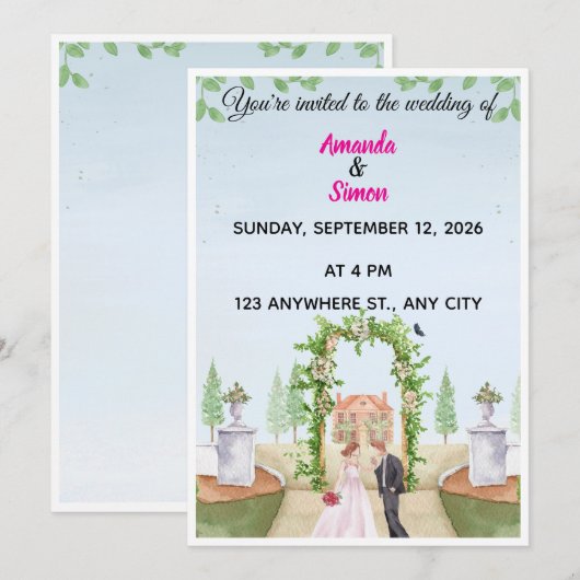 Romantic Watercolor Garden Wedding Invitation Kaart (Voorkant / Achterkant)