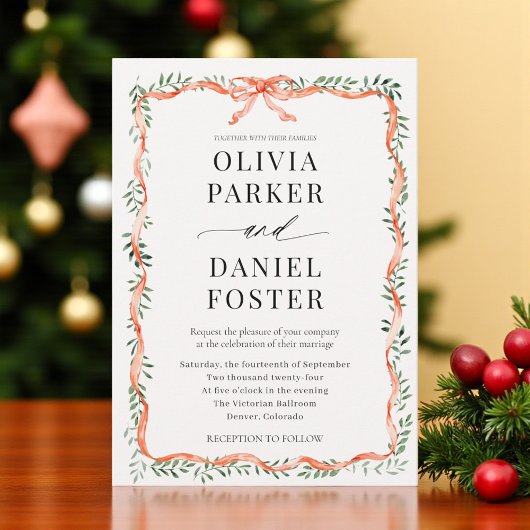 Romantic Watercolor Greenery Red Bow Wedding Kaart